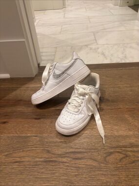 Handmade Nike White Sneakers with Crystal Swoosh and Satin Laces